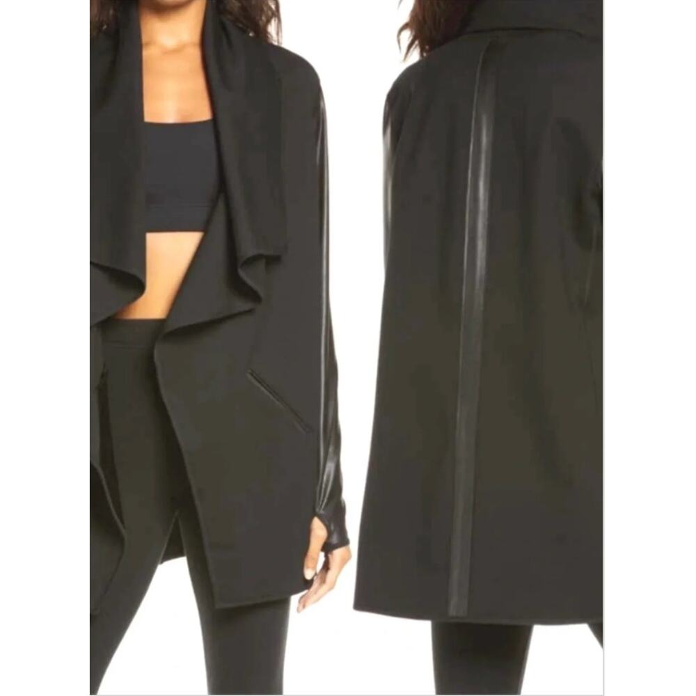 Spanx Drape Front Convertible Jacket Faux Leather Knit Blazer Black L - Picture 4 of 10